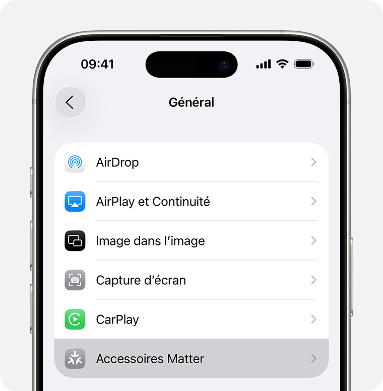 Accessoires Matter sous Réglages > Général sur iPhone.