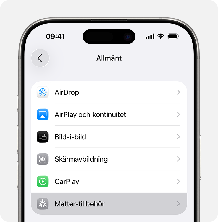 Matter-tillbehör under Inställningar > Allmänt på iPhone.