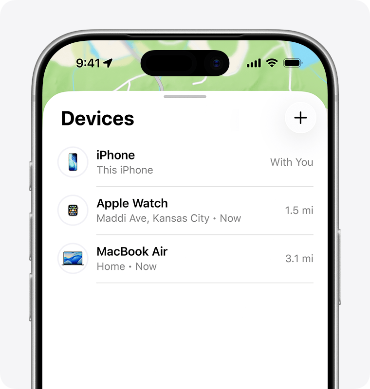 iPhone screen showing a list of devices in the Find My app.