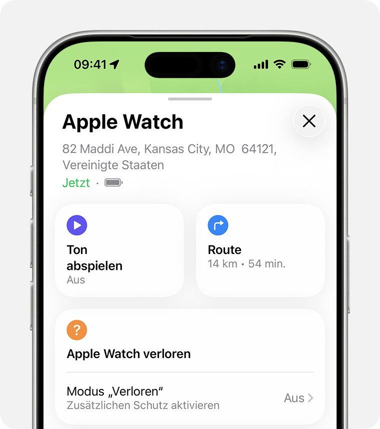 iPhone-Bildschirm mit Optionen für eine Apple Watch in der App „Wo ist?“.