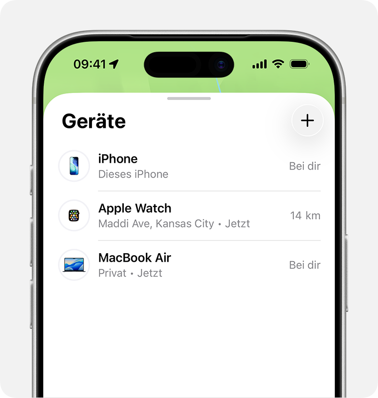 iPhone-Bildschirm mit einer Liste von Geräten in der App „Wo ist?“.