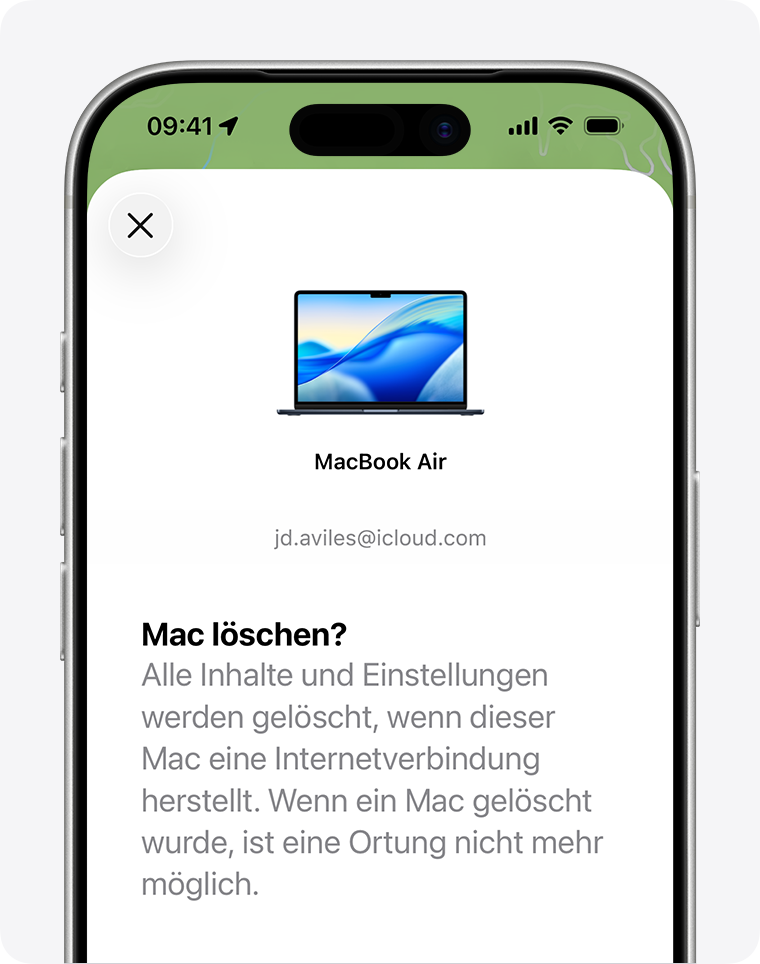 Ein iPhone mit dem Bildschirm „Mac löschen“ für ein MacBook Air. Es zeigt ein Bild des Mac-Modells, den Namen des Mac und den damit verbundenen Apple Account.