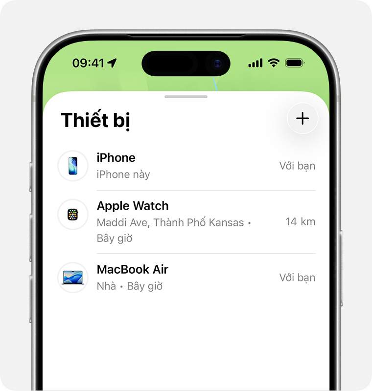 Màn hình iPhone hiển thị danh sách thiết bị trong ứng dụng Tìm.