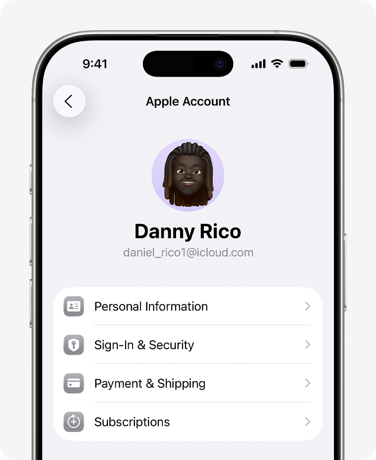 Apple Account settings in the Settings app on iPhone, with the Subscriptions option visible.