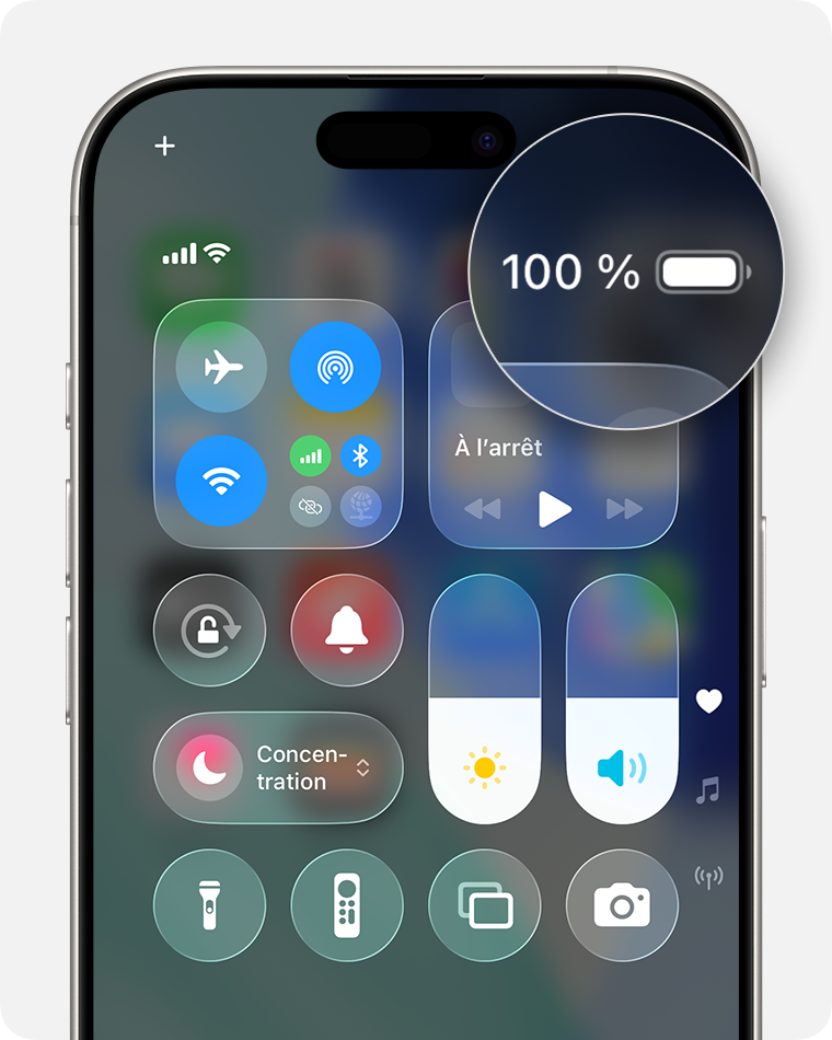 Écran d’iPhone avec le centre de contrôle affichant le pourcentage de charge de la batterie à 100 %.