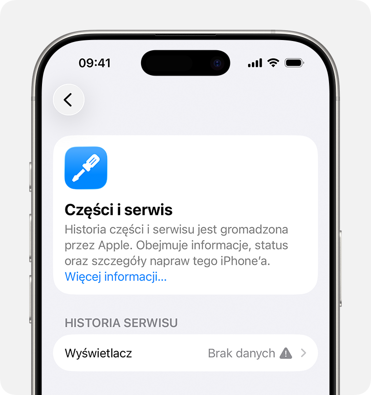 Ekran Historia części i serwisu z komunikatem Nieznana