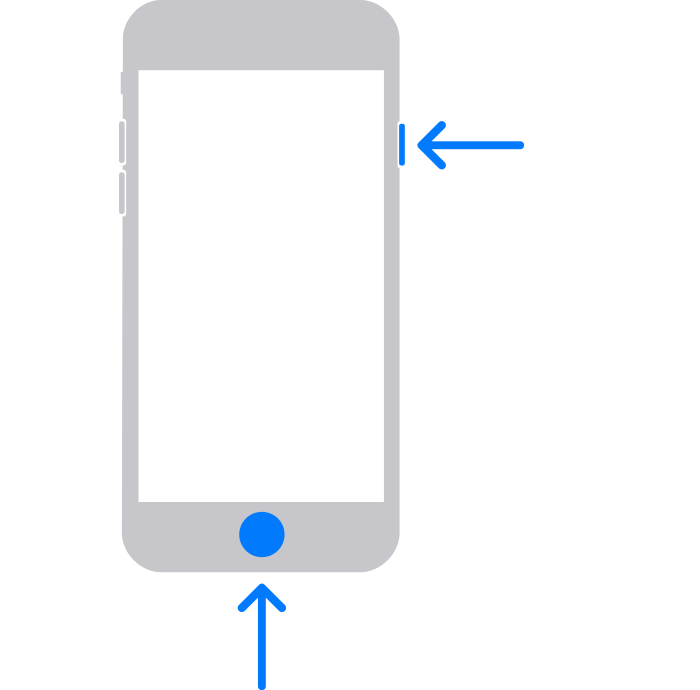 How to put an iPhone into recovery mode by pressing the Home button and the top (or side) button, indicated by arrows.