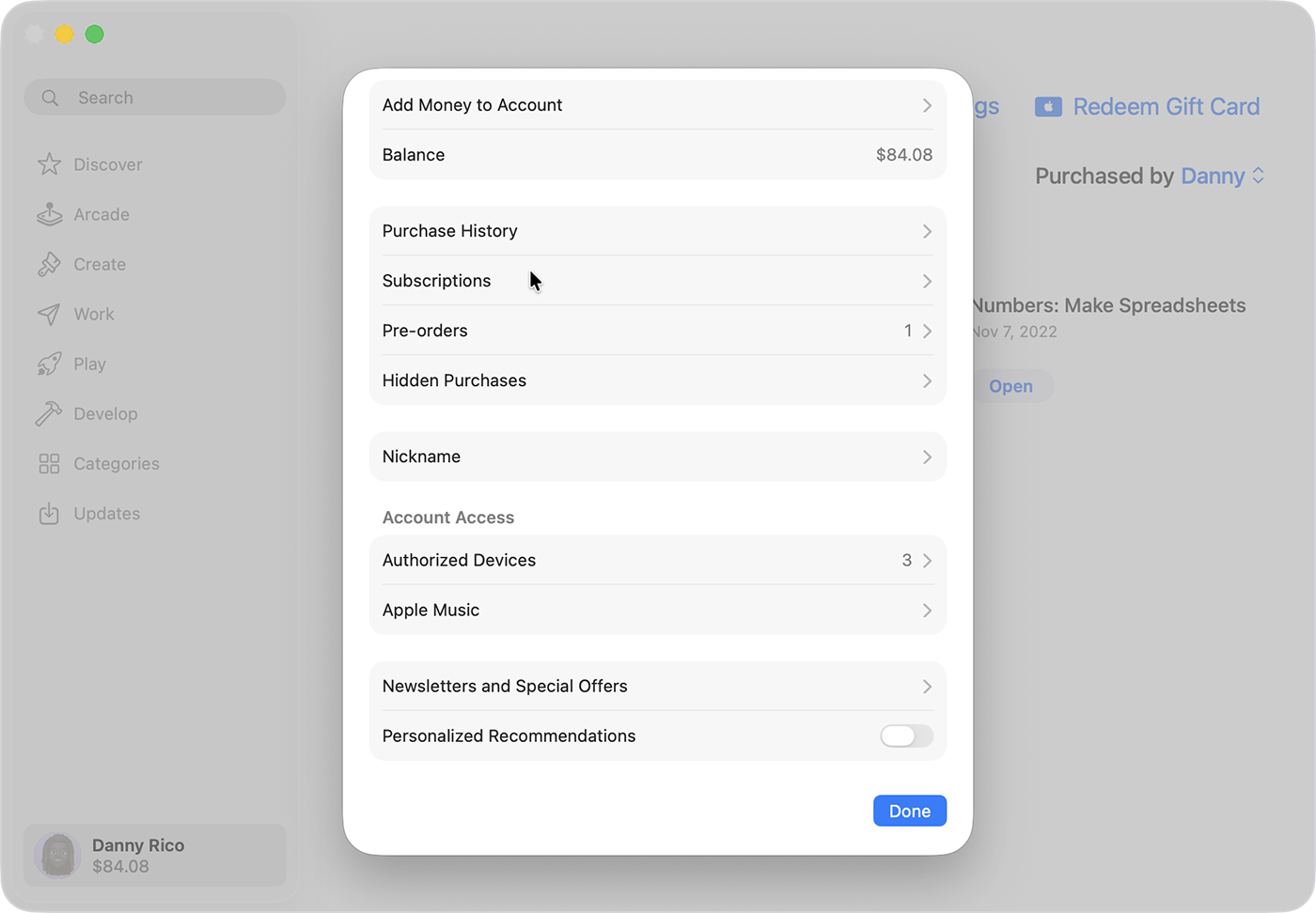 Apple Account settings in the App Store on Mac.