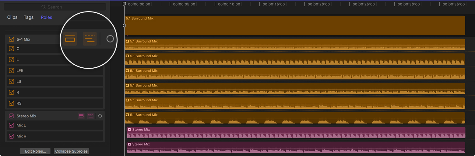 Final Cut Pro timeline displaying audio tracks for multi-channel MXF file creation.