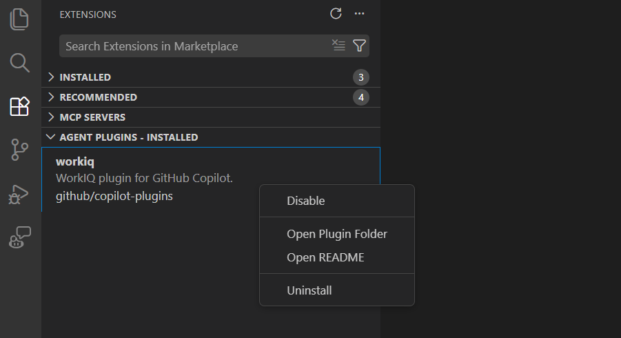 Screenshot of the Agent Plugins - Installed view in the Extensions view.