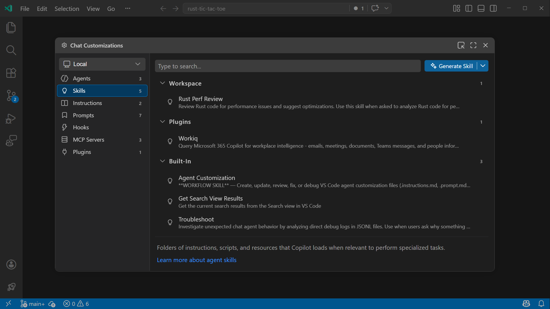 Screenshot of the Chat Customizations editor, showing the sidebar with customization categories and the main view listing custom agents.