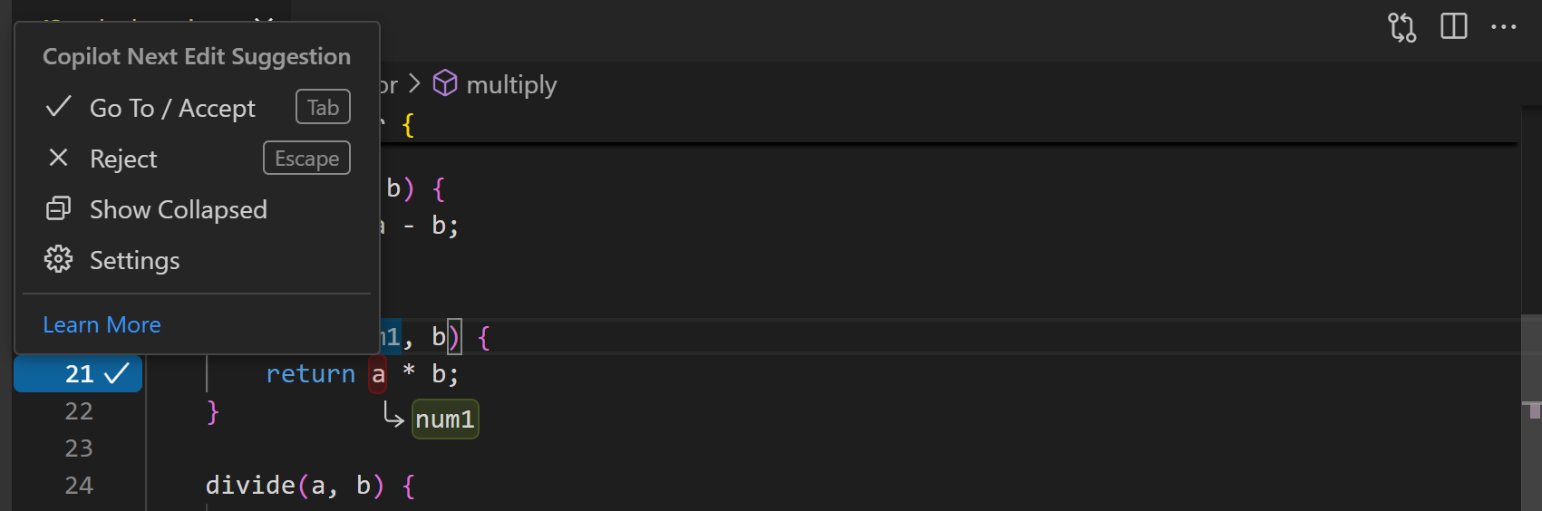 Copilot NES gutter menu expanded