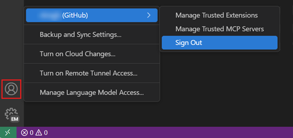 Accounts menu in VS Code, showing the option to sign out of the current GitHub account.