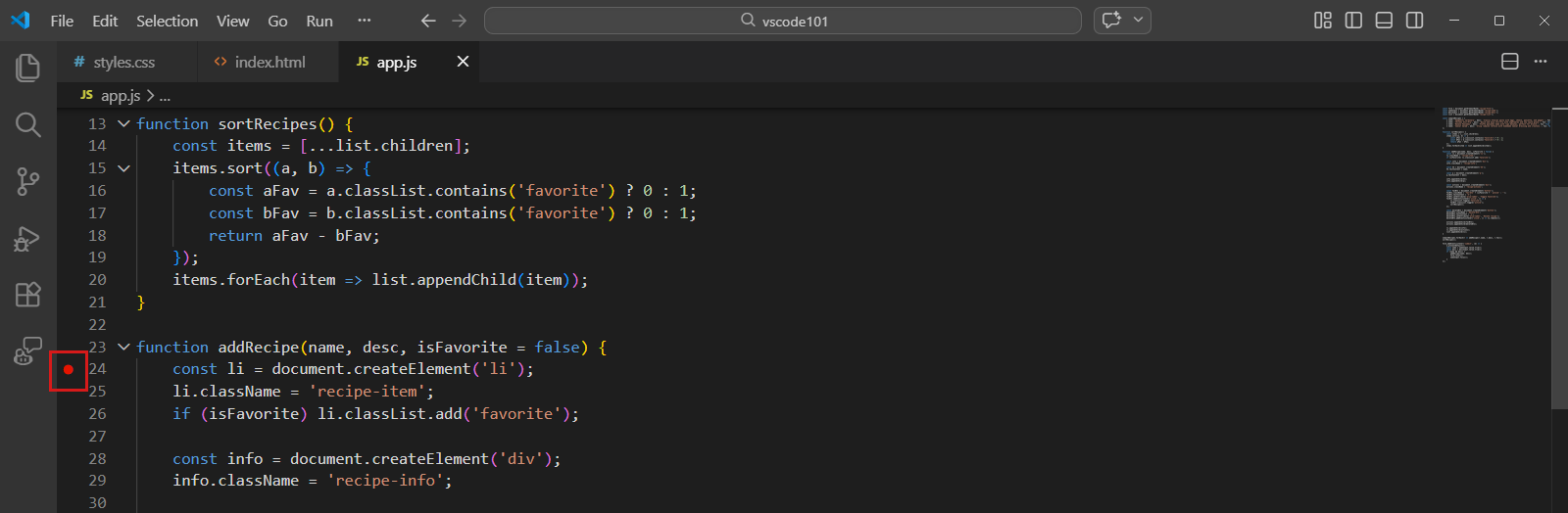 Screenshot that shows a breakpoint set in the addRecipe function in the JavaScript file.