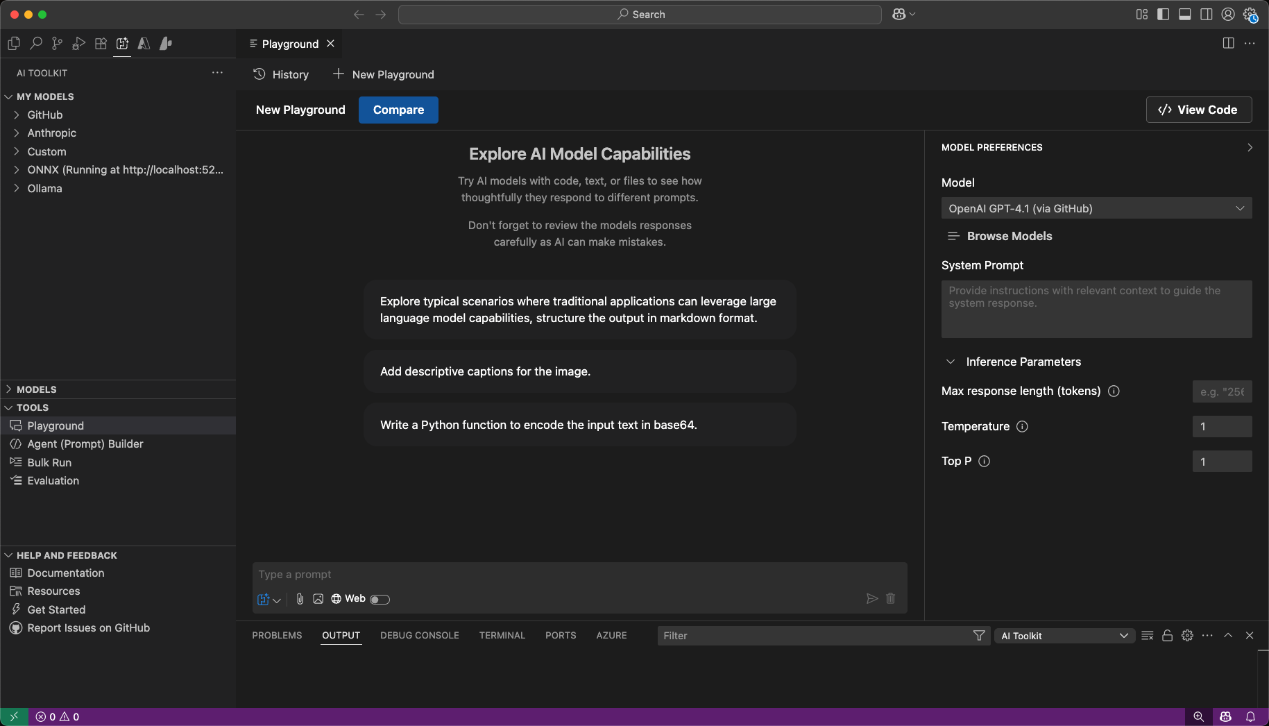 AI Toolkit playground interface showing a chat interaction with a generative AI model.