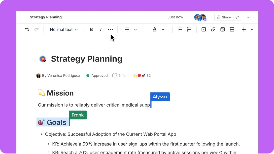 A strategy planning page being co-edited by multiple team members in real time in the Confluence editor