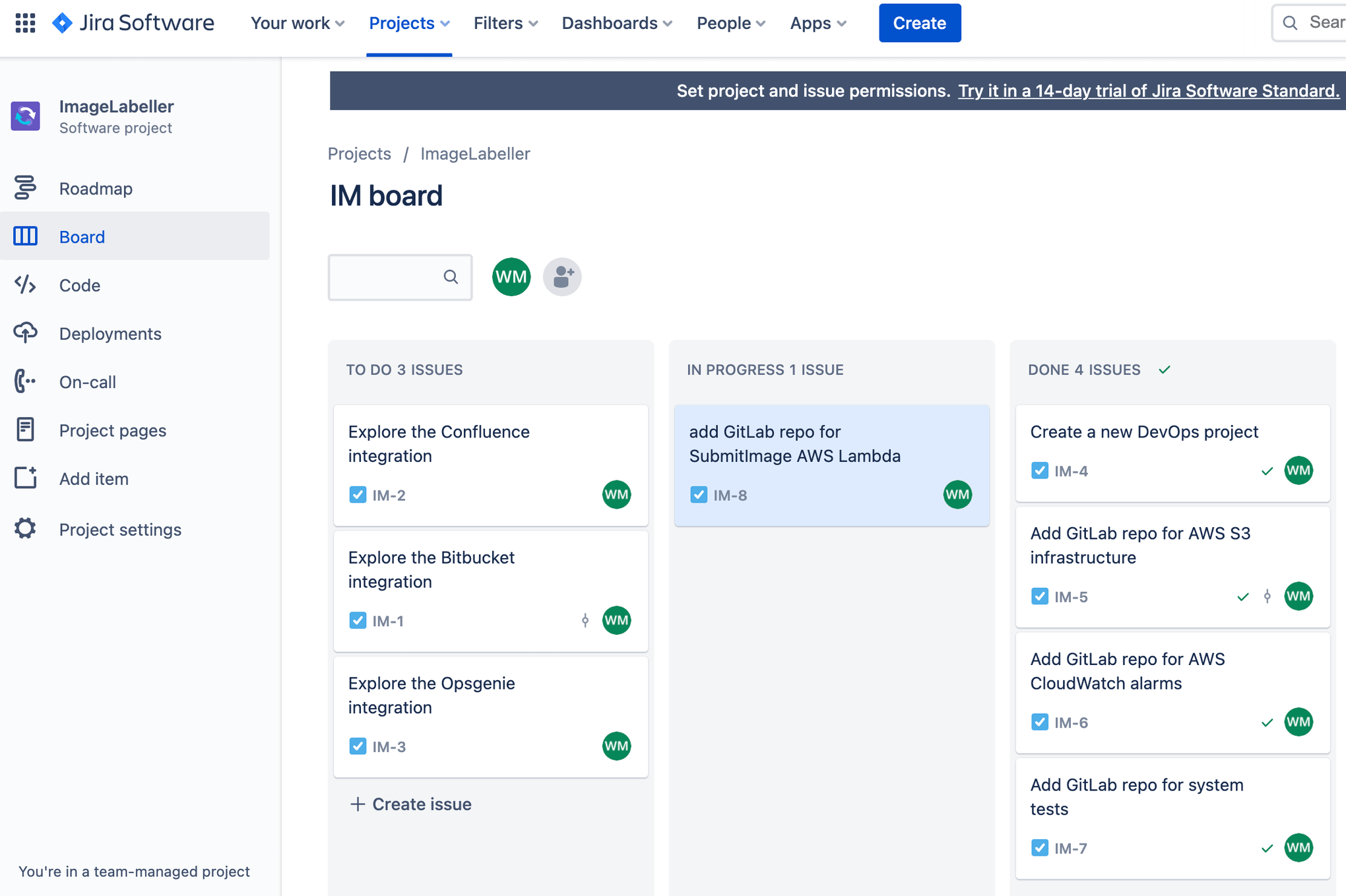 Jira software 中的 Imagelabeller 看板——突出显示事务“IM-8 为 SubmiTimage AWS Lambda 添加 GitLab 代码存储库”