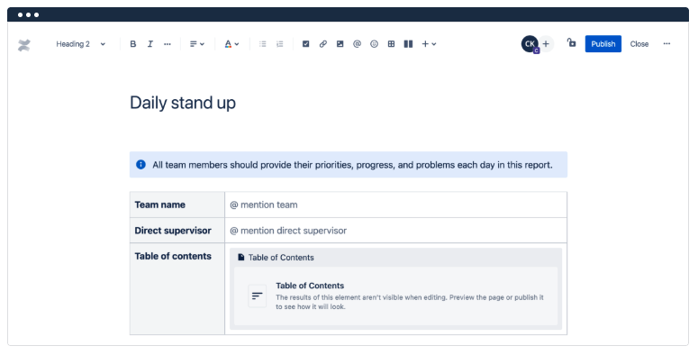 Capture d'écran du modèle de stand-up quotidien dans Confluence
