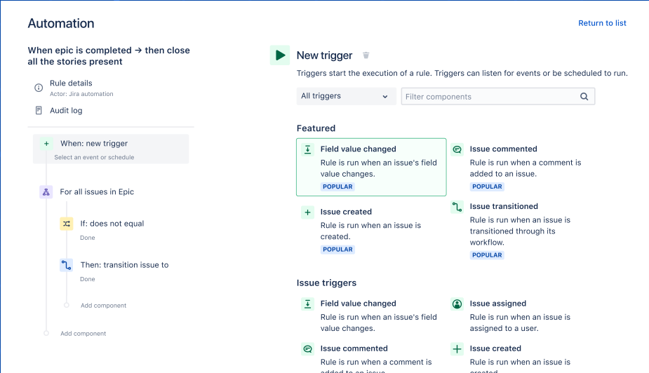 Una vista previa de la automatización en Jira