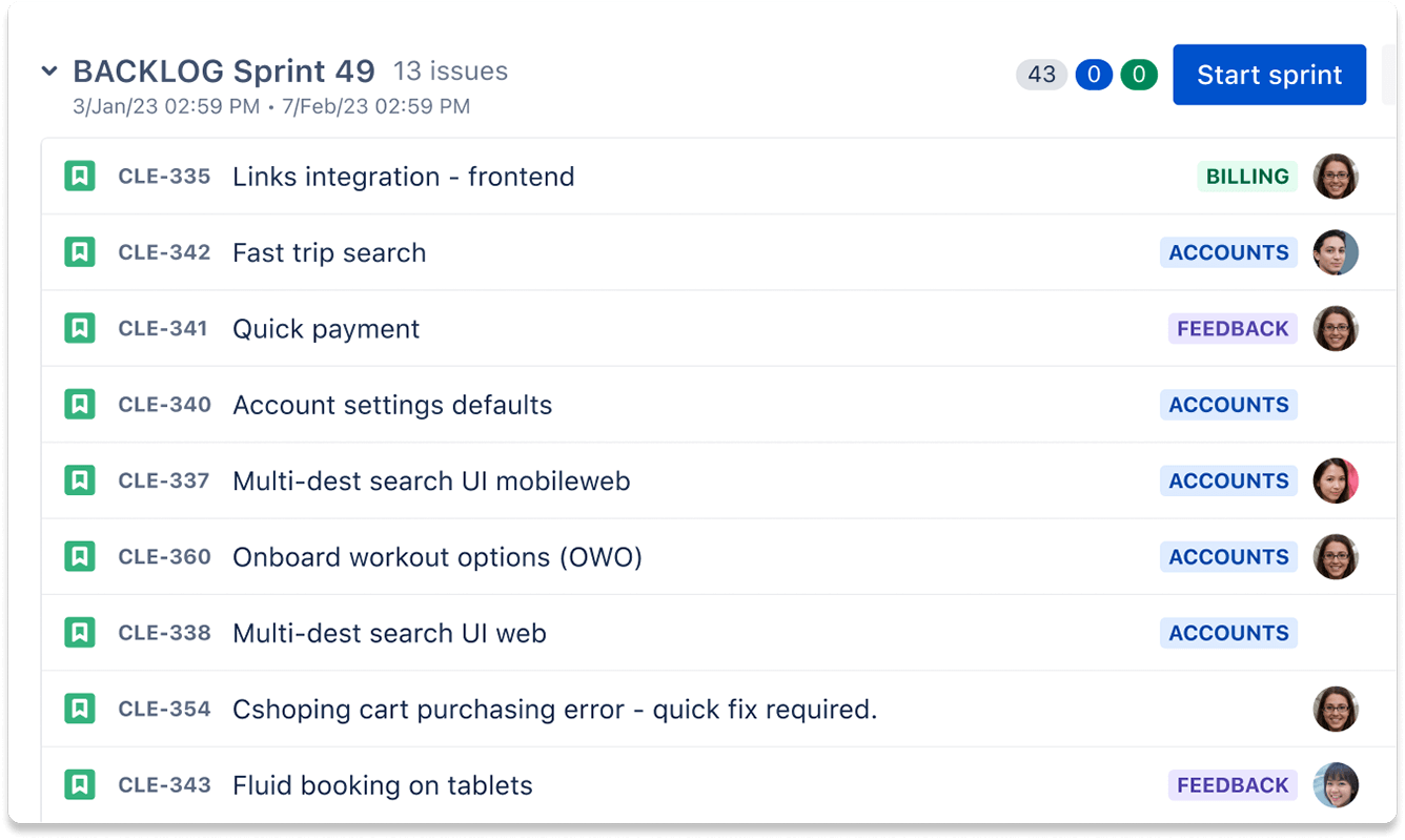Capture d'écran du backlog de Jira Software.