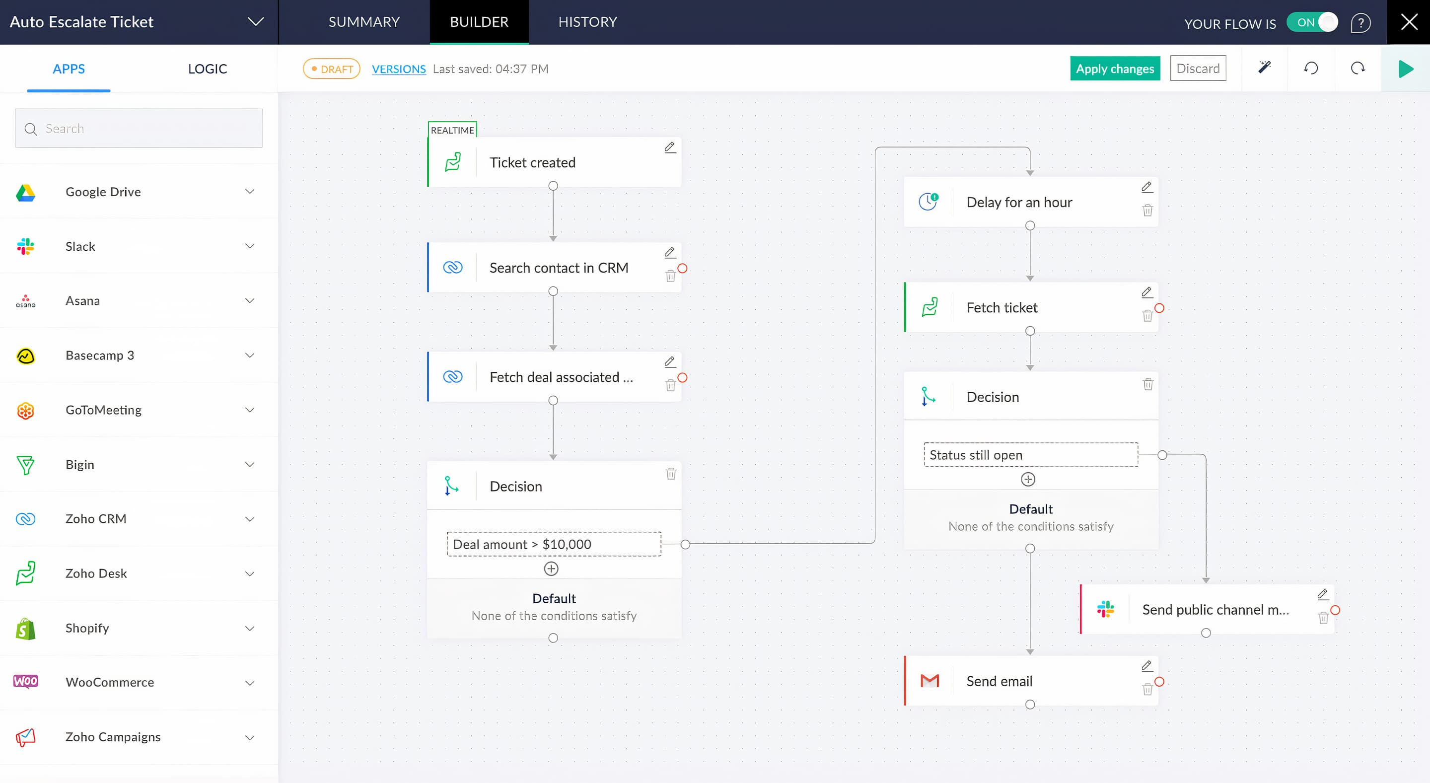 Una vista previa de un flujo de trabajo en Zoho Flow