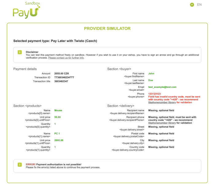 sandbox validation screen