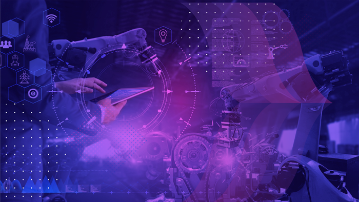 a digital composite with a futuristic theme. It showcases a person interacting with a tablet and complex machinery, all illuminated in a vibrant purple hue. The holographic icons include symbols for home automation, Wi-Fi signals, security shields, and other tech-related imagery. This stylized representation of technology interaction suggests an advanced technological environment or laboratory.