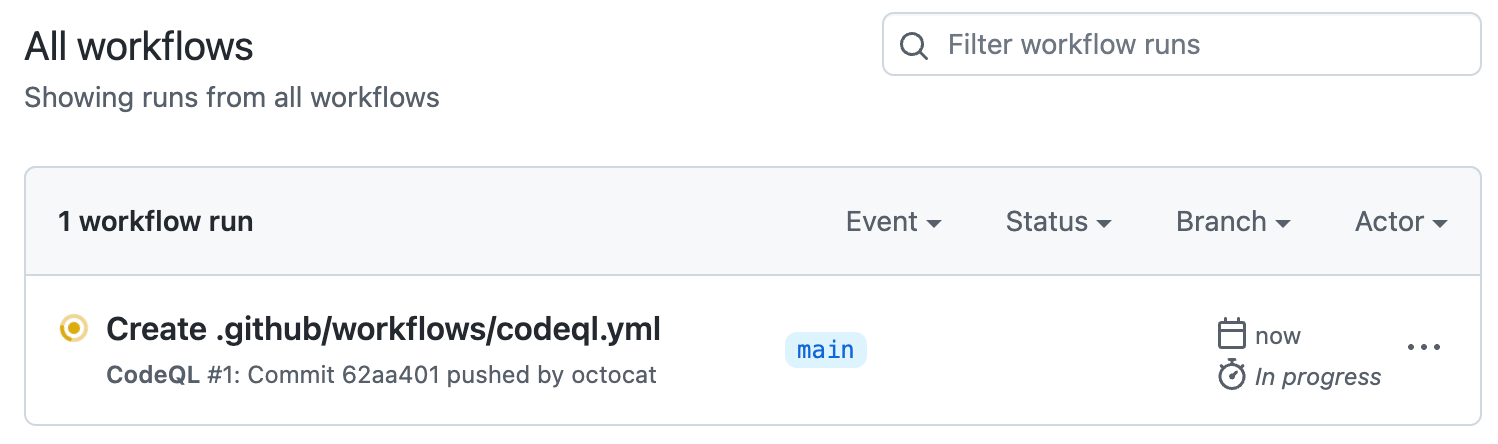 Capture d’écran de la page « Tous les workflows ». Dans la liste des exécutions de workflow se trouve une exécution intitulée « Créer .github/workflows/codeql.yml ».