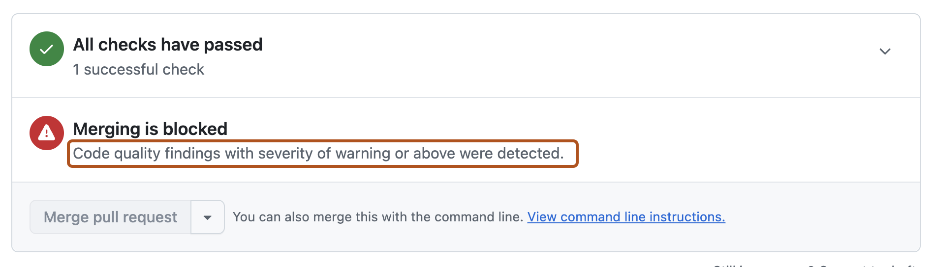 Capture d’écran de la bannière de blocage de fusion dans la section Vérifications d’un pull request.