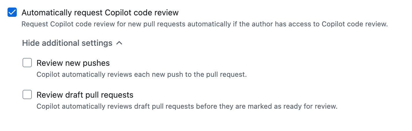 Screenshot of the "Automatically request Copilot code review" branch ruleset option.