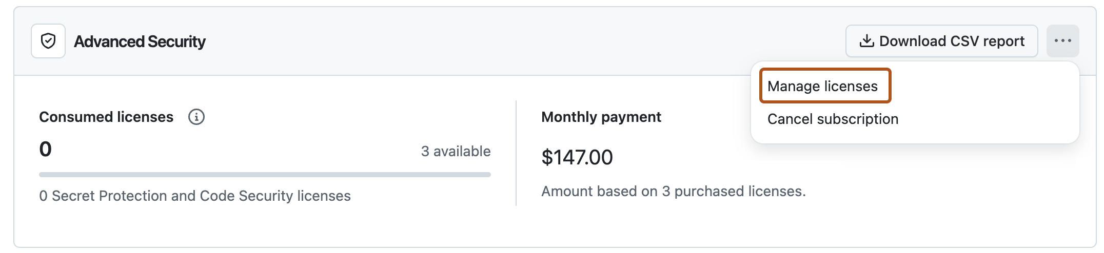 Advanced Security 라이선싱 화면의 스크린샷 ‘라이선스 관리’ 버튼은 주황색 테두리로 강조되어 나타납니다.