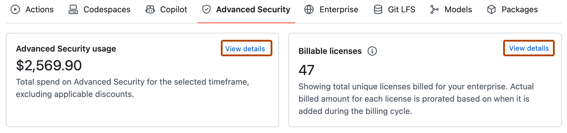 Screenshot of the tabbed view showing "Advanced Security" with the "View details" links outlined in dark orange.
