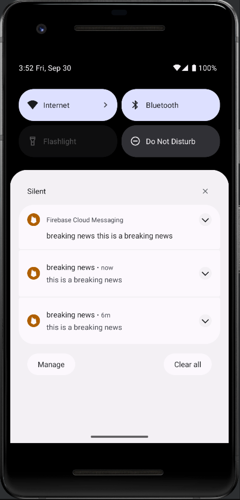 A mobile phone displaying a successful FCM message