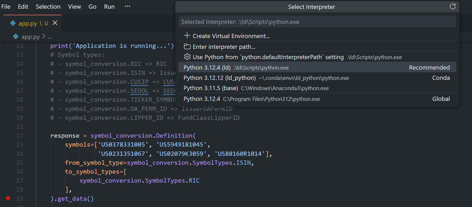Switch Python environments in VS Code alt text