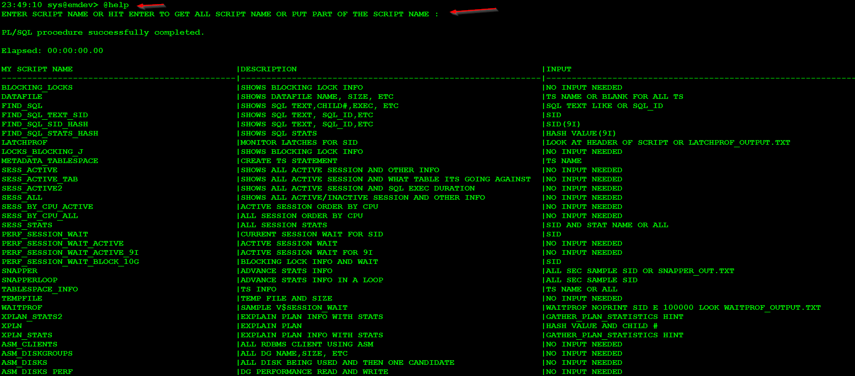 Sample run of help.sql file with no input alt text