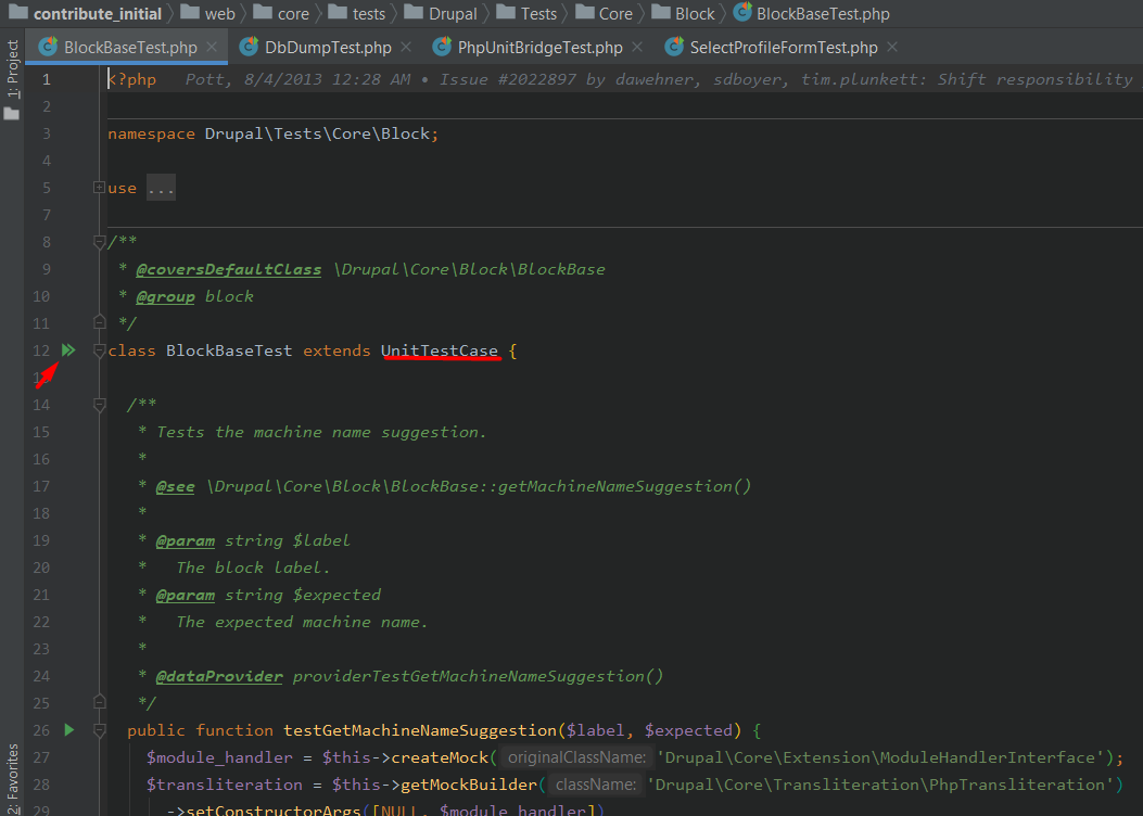 Go to the test and find the launch button step 1. Example of the UnitTestCase based test class