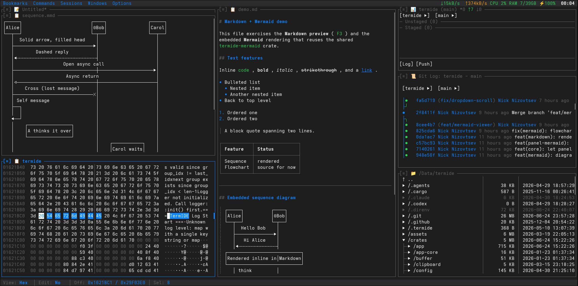 TermIDE — editor, file manager, terminal and viewers in one TUI