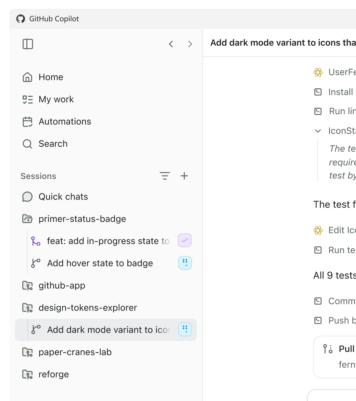 App sidebar with Home, My work, Automations, and Search, plus a Sessions list; a dark-mode icon session is selected.