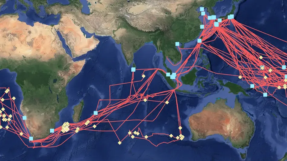 Map of Africa, Asia, and Australia with red lines and blue-yellow markers showing routes across Indian and Pacific Oceans.