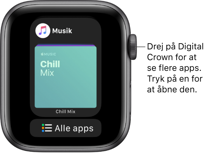 Dock, der viser appen Musik med knappen Alle apps nedenunder. Drej på Digital Crown for at se flere apps. Tryk på en for at åbne den.