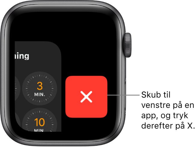 Dock, efter du har skubbet til venstre på en app, med knappen X i midten.