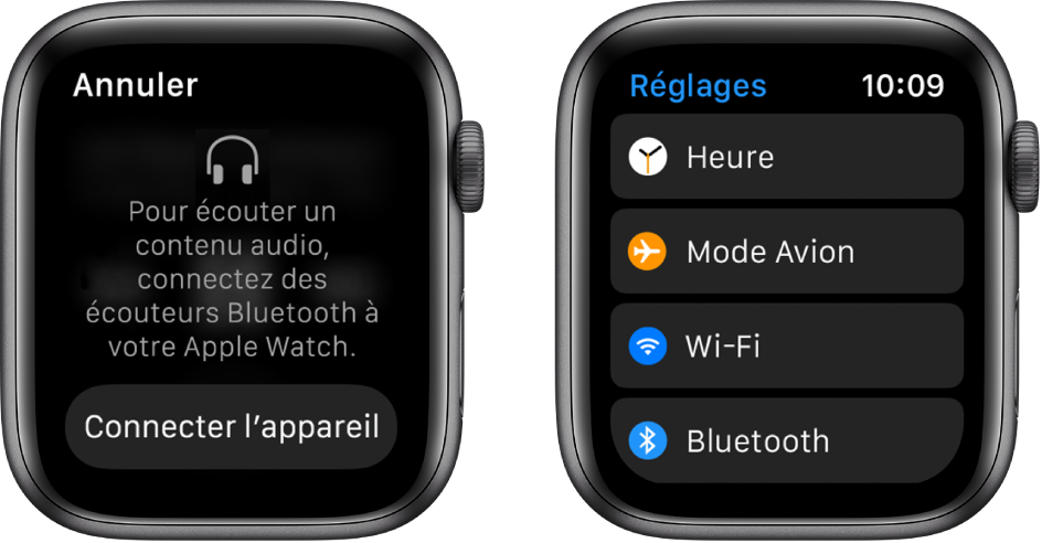 Si vous changez la source audio de votre Apple Watch avant de jumeler les écouteurs ou haut-parleurs Bluetooth, un bouton Connecter s’affiche au centre de l’écran. Il redirige vers les réglages Bluetooth de votre Apple Watch, où vous pouvez ajouter un appareil de sortie audio.