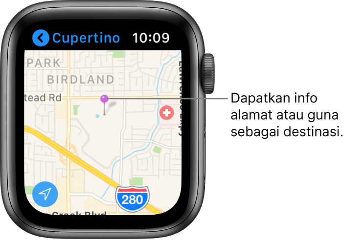 App Peta menunjukkan peta dengan pin ungu diletakkan atasnya, yang boleh digunakan untuk mendapatkan alamat anggaran sesuatu tempat pada peta, atau sebagai destinasi untuk arah.