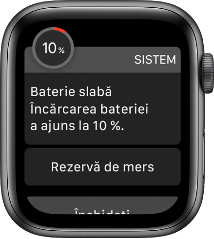 Alerta de nivel scăzut al încărcării include un buton pe care puteți apăsa pentru a intra în modul Rezervă de mers.