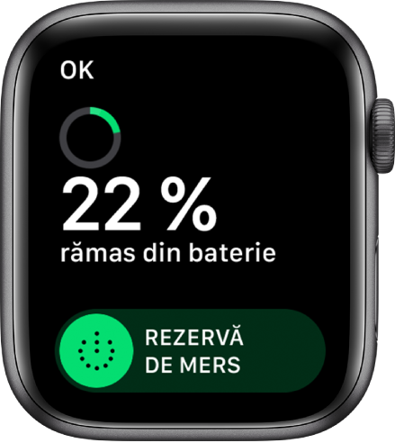 Ecranul Rezervă de mers prezentând butonul OK în stânga sus, procentul de baterie rămasă și glisorul Rezervă de mers.