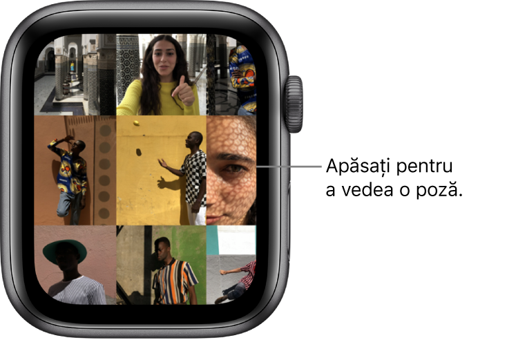 Ecranul principal al aplicației Poze pe Apple Watch, având câteva poze afișate sub formă de grilă.