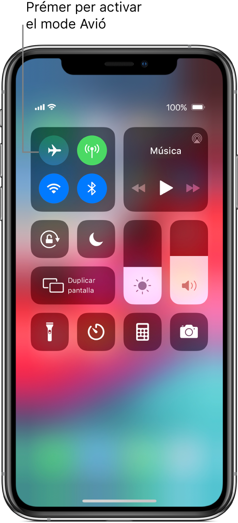 Pantalla amb el centre de control que mostra que en prémer el botó de l’angle superior esquerre s’activa el mode Avió.