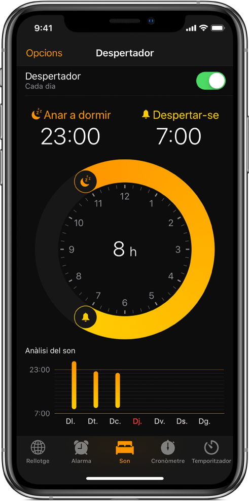 Pestanya Son que mostra l’hora d’anar a dormir que comença a les 23:00 i l’hora de despertar-se, a les 7:00.