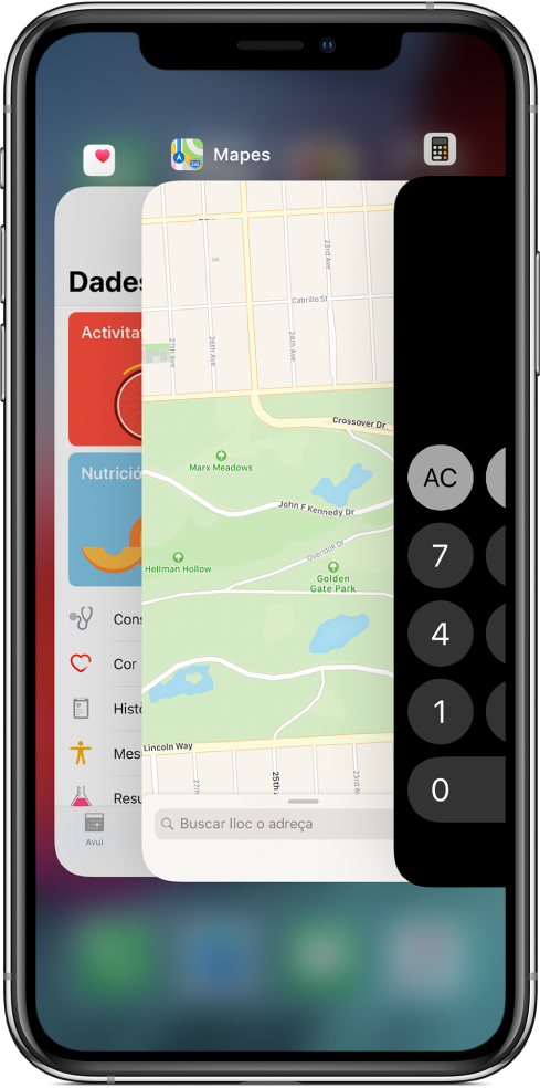 El selector d’apps. Les icones de les apps obertes són a la part superior, i la pantalla actual de cada app és a sota de la icona corresponent.