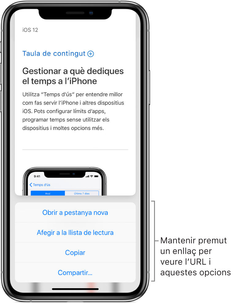 Una superposició on es veu una previsualització de l’URL de destí seguida d’una llista d’accions possibles: “Obrir en una pestanya nova”, “Afegir a la llista de lectura”, Copiar o Compartir.